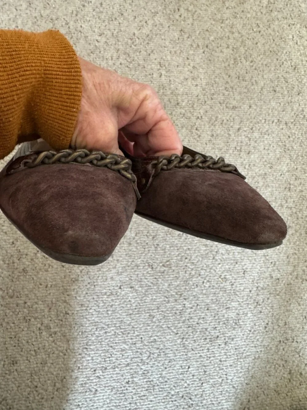 Talbots chocolate suede ballet low heel Sz 9.5 shoes with chain vamp